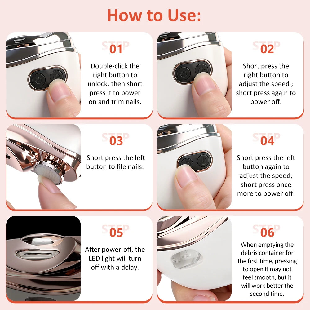 2 in 1 Multi-functional Electric Nail Clipper 3-Speed Nail Polishing Auto Nail Trimmer Scissor File with Light for Kids Adult